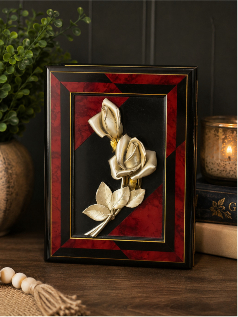 Vintage 1970s Italian Sorrento Marquetry Style Jewelry Box 3D Mixed Metal Roses
